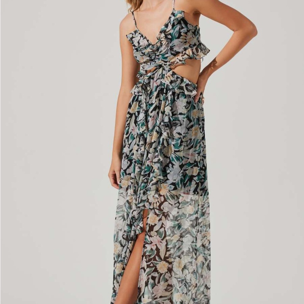 ASTR PALACE FLORAL CUTOUT RUFFLE MAXI DRESS - Picture 2 of 5